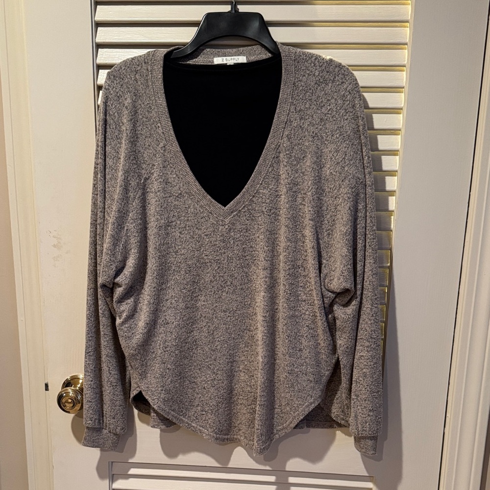 Z Supply Tan and Black Heather V-Neck Sweater